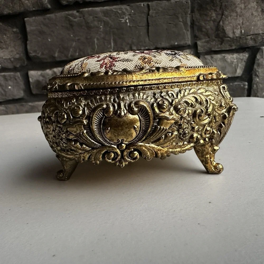 Vintage Metal Gold Heart Shaped Jewelry Trinket Box Embroidered Granny Cottage